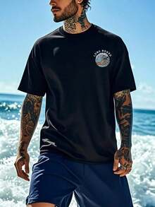 Men's Short Sleeve T-Shirt With Beach And Surf Elements Print, Comfortable And Breathable, For Summer Use - 黑色 - 查看 3