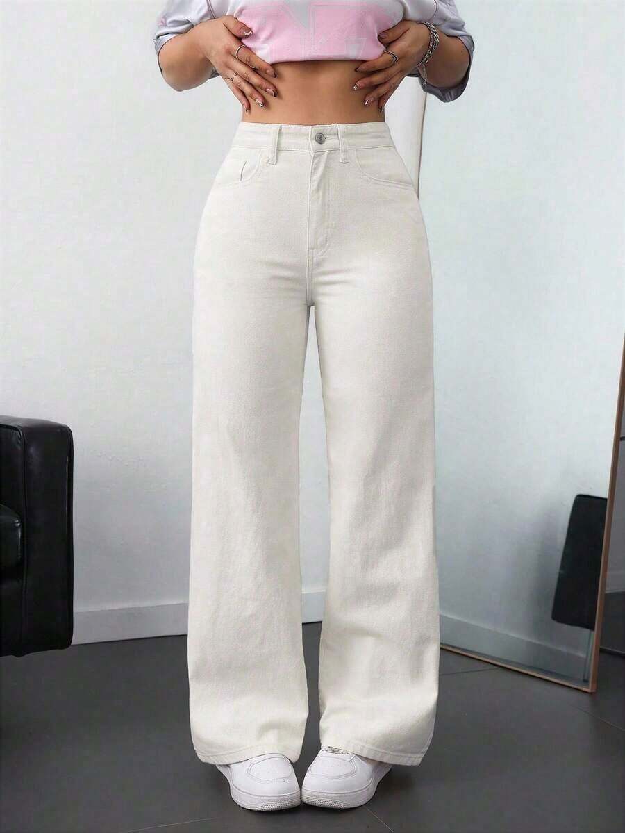 Jeans de mezclilla de unicolor minimalista para uso diario de mujer - Albaricoque - Ver 1
