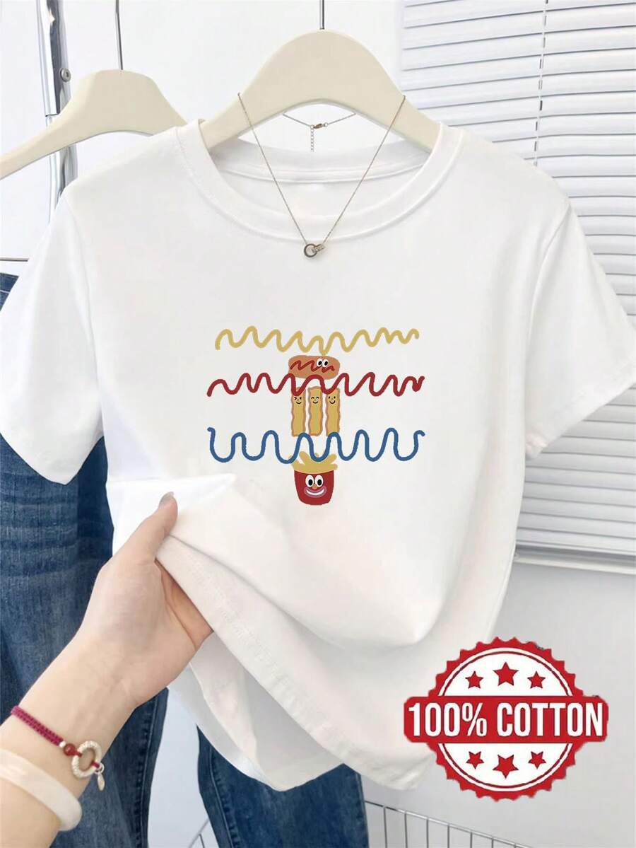 TH451 New Women's T-Shirt, Colorful Cartoon Line Print And French Fries Design, Fashionable Casual T-Shirt, 100% Round Neck And Short Sleeve, Sweat-Absorbent And Breathable, Casual Loungewear, Comfortable, Stylish And Chic, Spring, Summer - 白色 - 查看 1