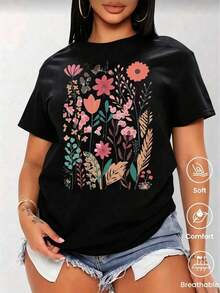 Spring/Summer 2026 Fashion Short Sleeve T-Shirt, Cartoon Print, Couple Style, Underwear/Outerwear, Casual Round Neck Office Unisex One Piece Top - 黑色 - 查看 7