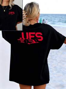 A Modern Red Symbol Representing Energy, Movement, And Freedom, Inspired By Urban Dynamism, Ideal For Conveying Confidence And Relaxed Style On Any Occasion. A Casual And Versatile Women's T-Shirt With A Double Print. - 黑色 - 查看 8