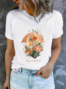 Soft Summer T-Shirt For Women With Short Sleeves Featuring "Umbrella And Flower" Print, 100% Cotton, Fashionable And Casual, Machine Washable, Comfortable Fit, 2D Flat Print, Elegant Blouses For Women. - 白色4 - 查看 7