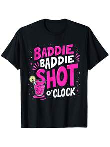 Women's Graphic T-Shirt "Baddie Baddie Shot O'Clo" - Fun Drink Design, Short Sleeve, Black With Pink Geometric Pattern, Round Neck, Loose Fit For All Seasons, Digital Print, Party Outfit, Casual Style, Loose Fit T-Shirt, Cotton T-Shirt. - 黑色 - 查看 1