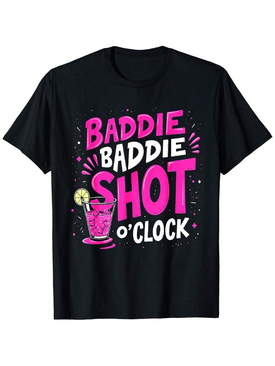Women's Graphic T-Shirt "Baddie Baddie Shot O'Clo" - Fun Drink Design, Short Sleeve, Black With Pink Geometric Pattern, Round Neck, Loose Fit For All Seasons, Digital Print, Party Outfit, Casual Style, Loose Fit T-Shirt, Cotton T-Shirt. - 黑色 - 查看 1