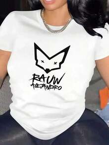 Women's Casual Sports T-Shirt "RAUW" - Short Sleeve, Crew Neck, White With Black Fox Print, Soft Polyester Blend, Perfect For Casual Outfits | Fox Print T-Shirt | Medium Stretch | Relaxed Fit | Plus Size Blouses For Women - 白色 - 查看 3