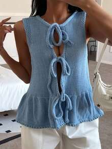 Cárdigan sin mangas con volantes y nudo delantero de unicolor para mujer - Azul - Ver 3