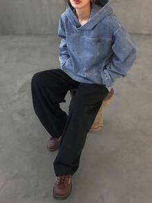 Chaqueta vaquera con capucha casual y holgada para mujer - Azul - Ver 2