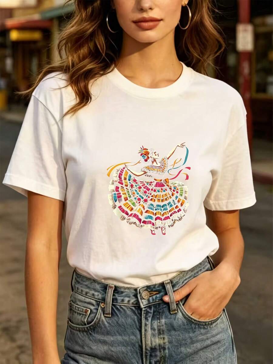 Modern Top For Everyday Use, 180g Printed Ballet T-Shirt, Comfortable And Dedicated To Dance Lovers - Suitable For Family Outings, Office Leisure And As A Holiday Gift. - 白色 - 查看 1