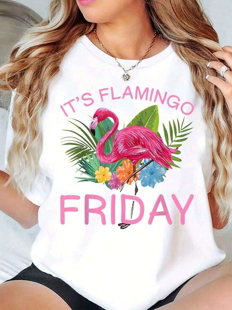 New Arrivals For Summer. Women's Round Neck T-Shirt With Flamingo Print, "It's Flamingo Friday" Graphic Tee, Casual Summer Blouse, Shirt > Beautiful. - 白色 - 查看 1