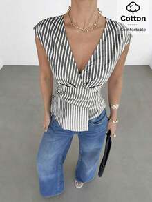 Blusa de mujer de cuello en V a rayas, versátil para uso diario, atuendos casuales de mujer, atuendos de verano de mujer, blusas casuales para mujer, blusas de mujer para el verano, blusa de cuello en V a rayas - Blanco y Negro - Ver 4