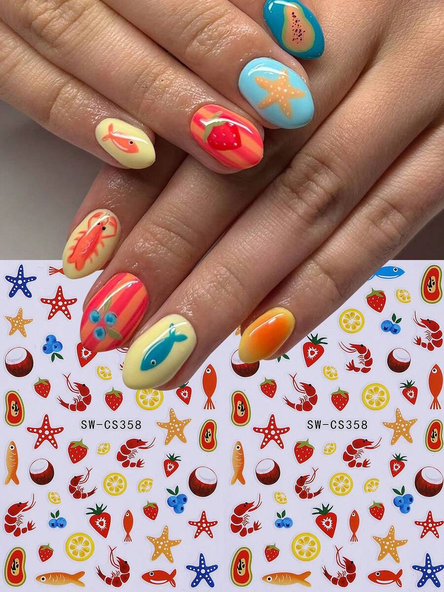 2片/套 夏季海洋鱼果美甲贴纸，可爱海星虾海洋主题自粘美甲装饰 DIY美甲用品 - 彩色 - 查看 1