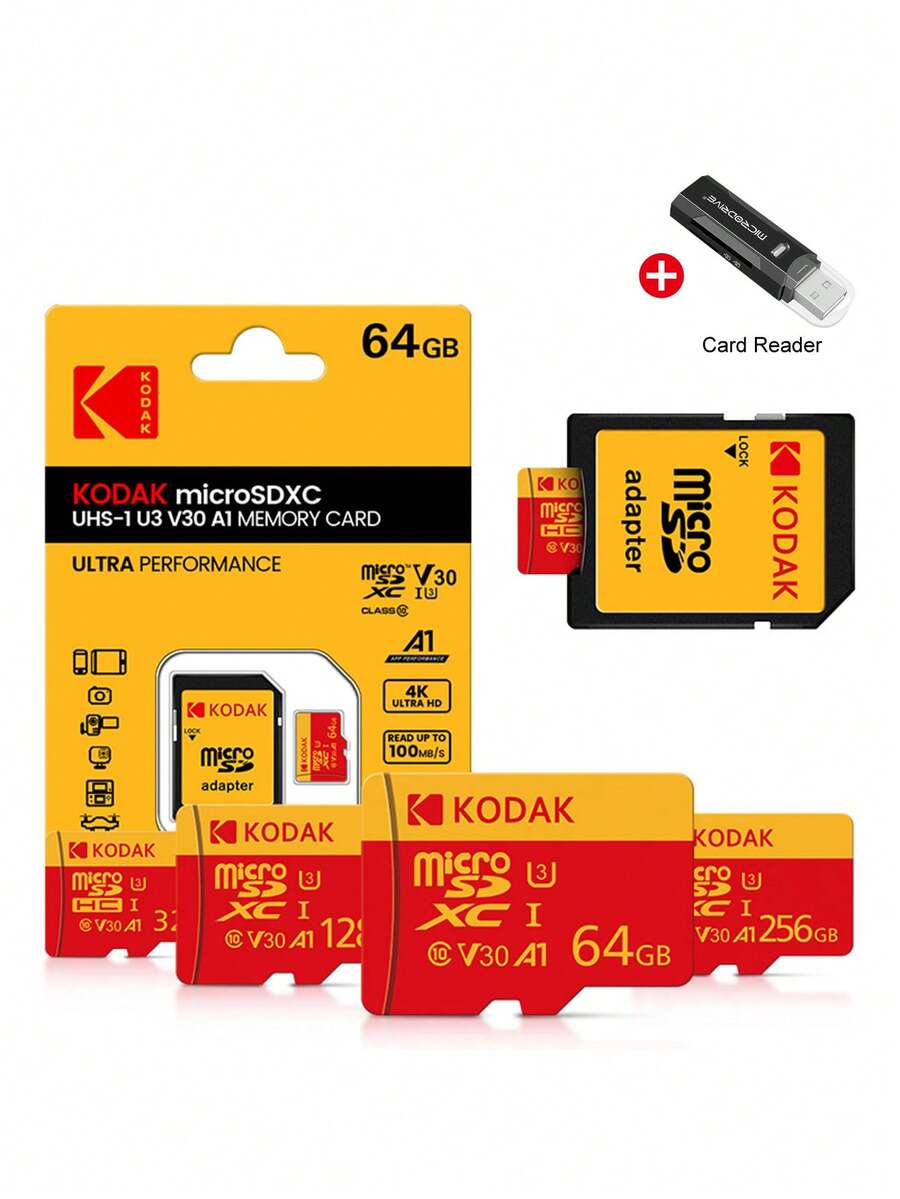 Kodak Red & Yellow High Speed Micro SD U3 128GB 256GB 100MB/S Memory Card 32GB 64GB TF Cards SD Adapter + Card Reader - View 1