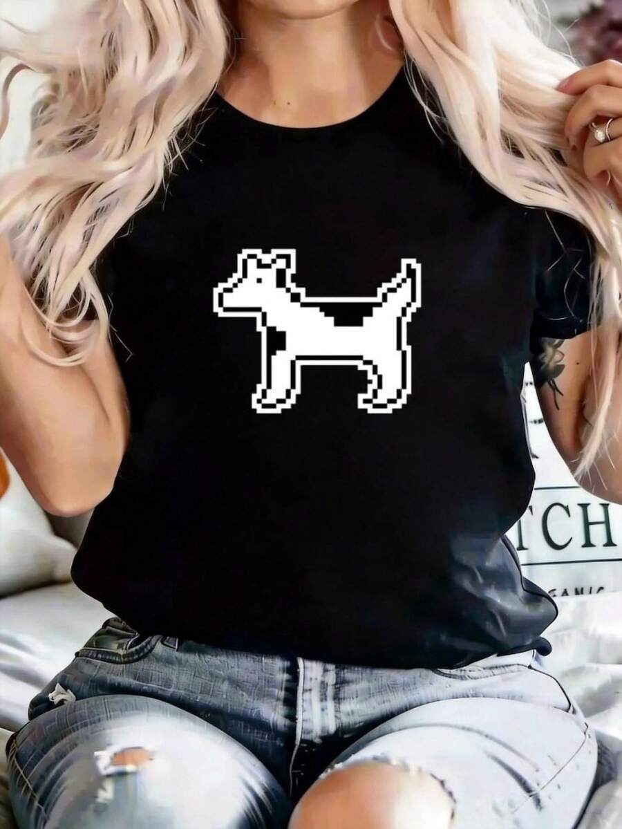 Comfortable T-Shirt For Women, Short-Sleeved Leopard Print T-Shirt With Dog Element, In Large Size, Round Neck, Retro Style, Elegant Casual, Casual Short-Sleeved And Round Neck Print, Casual Short-Sleeved And Round Neck T-Shirt, Round Neck Clothing, Ideal For Daily Outings, Perfect For Outings, Comfortable And Breathable Washable, Breathable And Elastic. - 黑色 - 查看 1