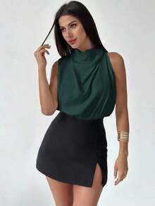 Camisa asimétrica plisada de color albaricoque, elegante y de moda, para uso diario en la oficina, de vacaciones o en festivales de música, para primavera/verano - Verde Oscuro - Ver 5
