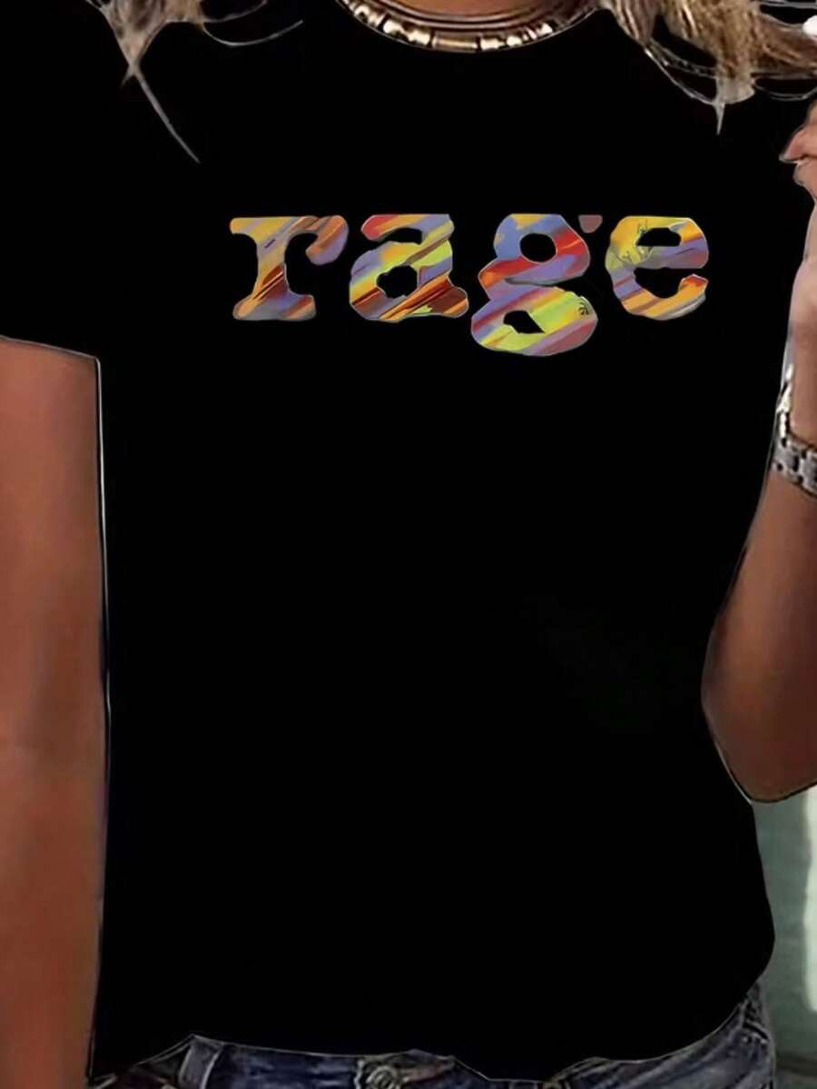 Women's Y2K Retro 90s Rage Print T-Shirt With Iconic 90s Colors (Beige/Cassette/CD/VHS) - Short Sleeve Crew Neck Casual Oversized Top, Sizes S-XXL - 90s Nostalgia Outfit For 90s Theme Parties And Casual Wear. - 黑色 - 查看 1