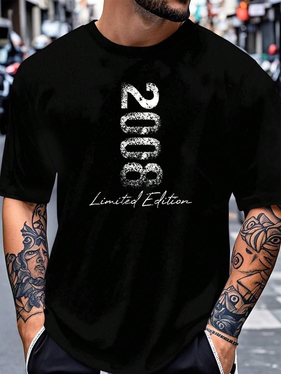 Men's Vintage Summer 2008 Limited Edition Shirt | 2008 Retro Graphic Print, Distressed Number Design, Casual Light Gray Short-Sleeved Crew Neck Tee, Comfortable Fit For All Seasons, Machine Washable, Collectible For Nostalgic 2000s Style With Geometric Pattern. Loose And Comfortable Men's Tee. - Back - View 1