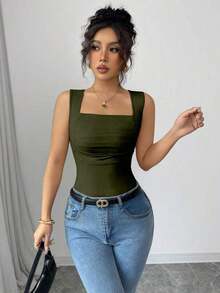 Top ajustado de tirantes de cuello cuadrado de unicolor elegante y casual para mujer, verano - Verde militar - Ver 4