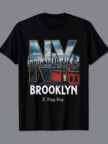 Retro Urban New York Style T-Shirt With Brooklyn Bridge And Skyline Design, Casual Short Sleeve T-Shirt For All Seasons, Comfortable, Machine Washable, Crew Neck, Loose Fit. This Casual Retro Short-Sleeve T-Shirt With A Crew Neck And Print Is Suitable For Lounging At Home, Everyday Wear, Parties, And Travel-Perfect As A Gift For Friends Or Family. - 黑色 - 查看 1