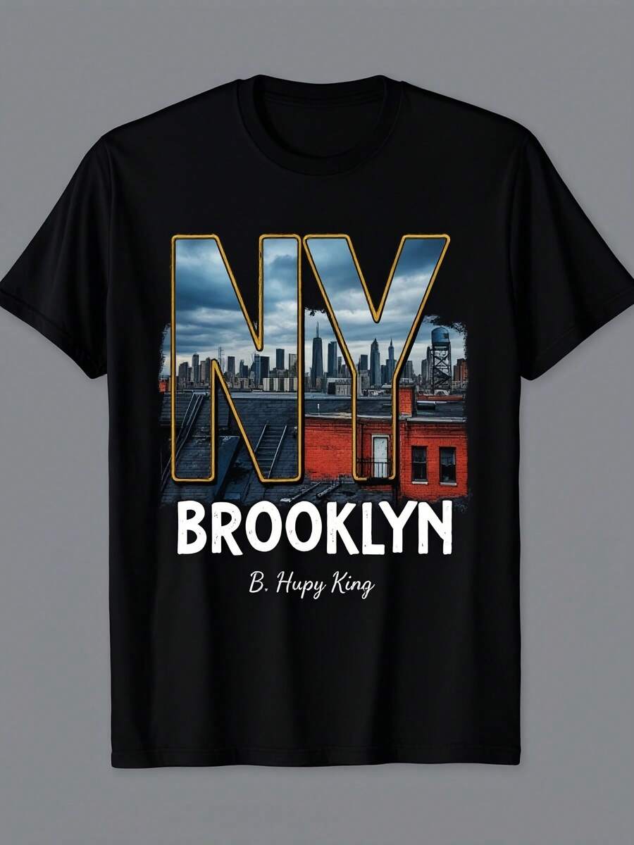 Retro Urban New York Style T-Shirt With Brooklyn Bridge And Skyline Design, Casual Short Sleeve T-Shirt For All Seasons, Comfortable, Machine Washable, Crew Neck, Loose Fit. This Casual Retro Short-Sleeve T-Shirt With A Crew Neck And Print Is Suitable For Lounging At Home, Everyday Wear, Parties, And Travel-Perfect As A Gift For Friends Or Family. - 黑色 - 查看 1