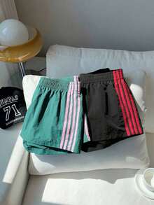 2 piezas Shorts casuales de estilo callejero para mujer con contraste de color en la cinta, shorts de lunares, verano - Multicolor 13 - Ver 5