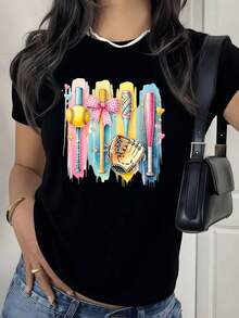NEW Women's Crew Neck T-Shirt With Colorful Baseball Digital Print, Featuring Bats, Gloves And Baseballs, Sports Theme, 200 Grams, 1 Piece Pack, 100% Pure Cotton, Modern Casual Design, Urban Retro Style, Unisex Short Sleeve Crew Neck Cotton Loose Fit T-Shirt. - 黑色 - 查看 1