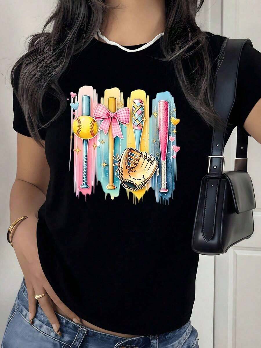NEW Women's Crew Neck T-Shirt With Colorful Baseball Digital Print, Featuring Bats, Gloves And Baseballs, Sports Theme, 200 Grams, 1 Piece Pack, 100% Pure Cotton, Modern Casual Design, Urban Retro Style, Unisex Short Sleeve Crew Neck Cotton Loose Fit T-Shirt. - 黑色 - 查看 1