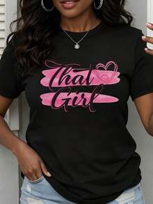 NEW Women's Round Neck T-Shirt With Pink Heart Print, Short Sleeve, Casual Style For Everyday Wear, Urban Vintage Style, Unisex, Loose Cotton - 黑色 - 查看 6