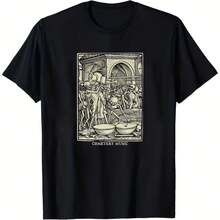 Camiseta gótica con diseño de danza de la muerte en un cementerio. Camiseta negra para hombre, ideal para el verano. Confeccionada en algodón grueso de 220 g, unisex, de textura suave y tacto agradable, cómoda y respetuosa con la piel. Su estilo clásico y sencillo nunca pasa de moda, perfecta para el día a día, actividades deportivas, viajes, vacaciones y cualquier ocasión informal. - Negro - Ver 1