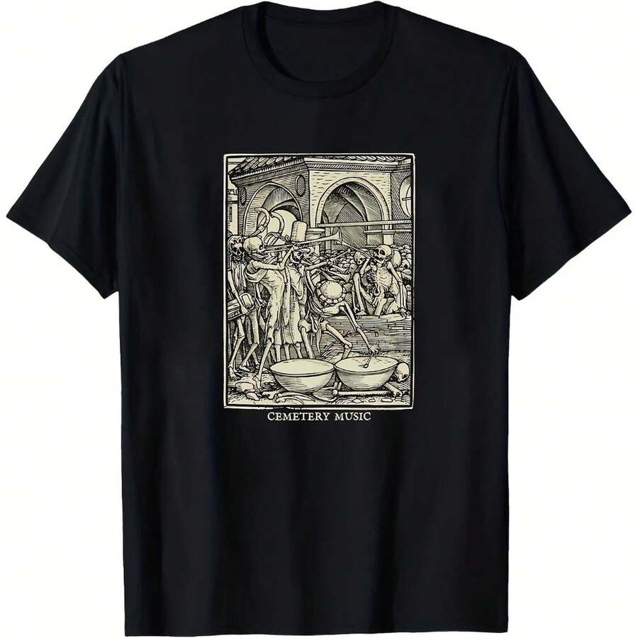 Camiseta gótica con diseño de danza de la muerte en un cementerio. Camiseta negra para hombre, ideal para el verano. Confeccionada en algodón grueso de 220 g, unisex, de textura suave y tacto agradable, cómoda y respetuosa con la piel. Su estilo clásico y sencillo nunca pasa de moda, perfecta para el día a día, actividades deportivas, viajes, vacaciones y cualquier ocasión informal. - Negro - Ver 1