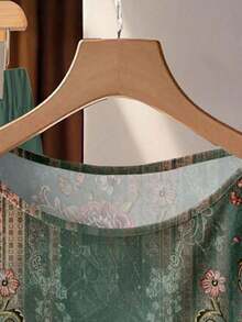 Conjunto de 2 piezas de camisa elegante casual con lazo y pantalones rectos sueltos de estampado floral retro para mujer - Multicolor 5 - Ver 4