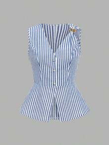Nueva blusa de verano para mujer con diseño de hebilla de metal minimalista y elegante, escote en V y sin mangas que favorece la silueta - Azul y blanco - Ver 3