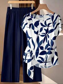 2 piezas Conjunto de camisa y pantalones casuales bohemios con estampado verde para mujer - Elegante conjunto romántico retro para primavera/verano, perfecto para vacaciones, boda en una isla tropical, fiesta de damas de honor, invitado de bod - Multicolor 7 - Ver 2