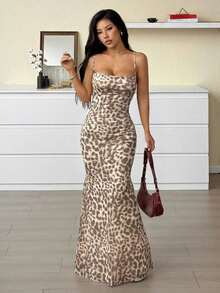 Vestido casual largo para mujer, estampado de leopardo con tirantes de moda sencilla, para uso diario - Albaricoque - Ver 6
