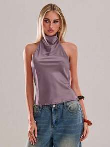 Un top rojo, brillante, sin cuello, con espalda descubierta, elegante, formal, lujoso, elegante, para ocasiones como otoño, invierno, Navidad, Año Nuevo, salidas, graduación, baile de graduación, cumpleaños, oficina, conciertos de country, club, - Púrpura malva - Ver 5