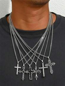 6pcs/Set Men's Vintage Coptic Cross Pendant Necklace Set, Stainless Steel Versatile Neck Jewelry, Exquisite Accessory For Daily Wear And Parties, Street Style Ornament, Unique And Personal Gift Idea - 6pcs/set - View 4