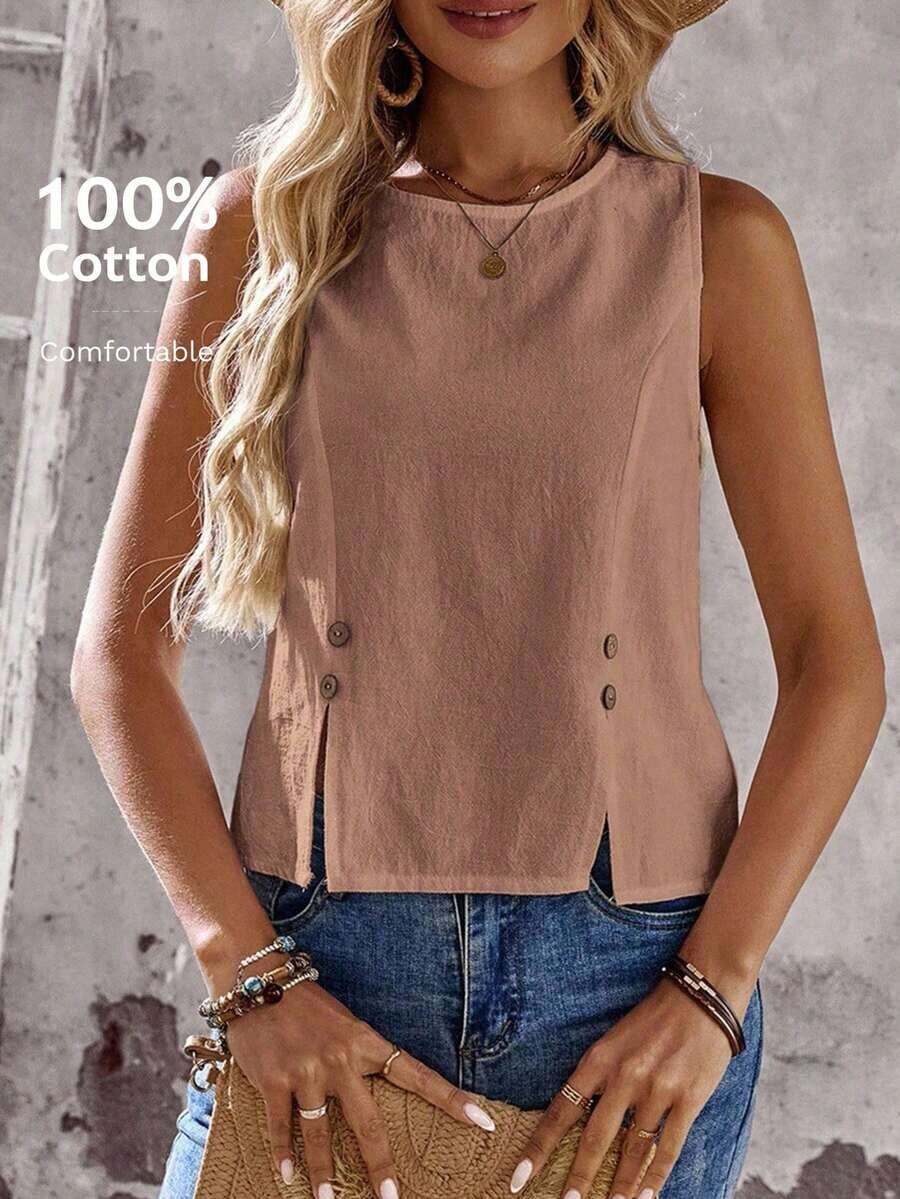 Camisa sin mangas de unicolor con diseño de botones para mujer - Rosa vieja - Ver 1