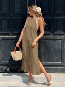 Vestido casual de vacaciones de corte moderno, de cuello halter, cruzado y con nudo en la espalda - Caqui - Ver 1