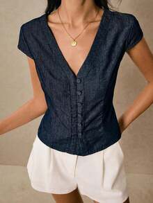 Blusa de mezclilla de manga corta con botones y lazo en la cintura, blusa de mezclilla casual de cuello en V, para uso diario, estilo campestre, streetwear lindo, Y2K, Old Money, negocios - Azul lavado medio - Ver 7
