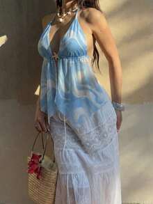 Camiseta de tirantes sexy con efecto cross y espalda descubierta, cuello Halter con teñido anudado para mujer - Azul y blanco - Ver 7