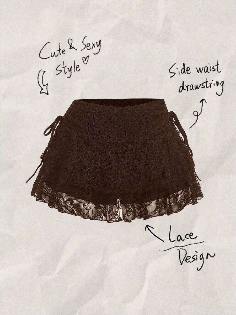 Falda casual de mujer con cintura con cordón, lazo y volantes de tela de encaje de doble capa, adecuada para uso diario - Marrón - Ver 1