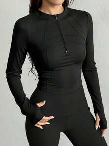 Chaqueta de manga larga de cuello alto elástico de unicolor entallada, ropa deportiva y casual, primavera/otoño - Negro 3 - Ver 3