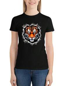 Women's Cotton Graphic T-Shirt, Casual T-Shirt With Ripped Tiger Face - 黑色風格. - 查看 6