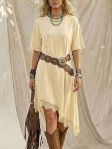 Vestido de talla media de manga corta con bajo asimétrico, de uso diario, de vacaciones y casual, de unicolor con parches de encaje, de moda básica para mujeres - Amarillo claro - Ver 7