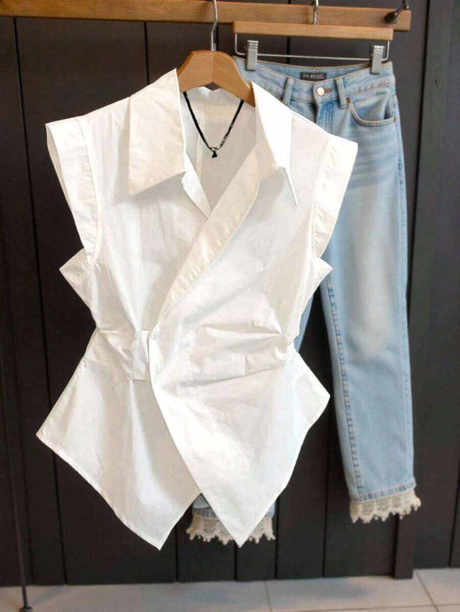 Blusa casual sin mangas con estampado de rayas para mujer, verano - Blanco - Ver 1