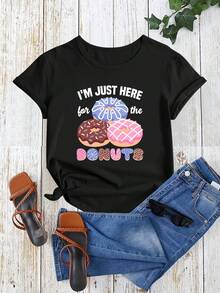 Loose-Fitting Casual Summer T-Shirt With A Fun Donut Print - 黑色 - 查看 2