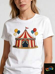 Women's Casual Athletic T-Shirt With A Round Neck Design, Perfect For Everyday Wear. These Short-Sleeved T-Shirts Are Suitable For All Seasons And Are An Ideal Choice For Daily Use. The Circus T-Shirt Is Great For Matching Family Outfits, Perfect For Parties And Family Vacations, Everyday Wear, Summer Outfits, Outdoor Playwear, Or Holiday Wear. It's Also Great For Warm Weather, Making It A Perfect Everyday Outfit Or Gift. - 白色 - 查看 7