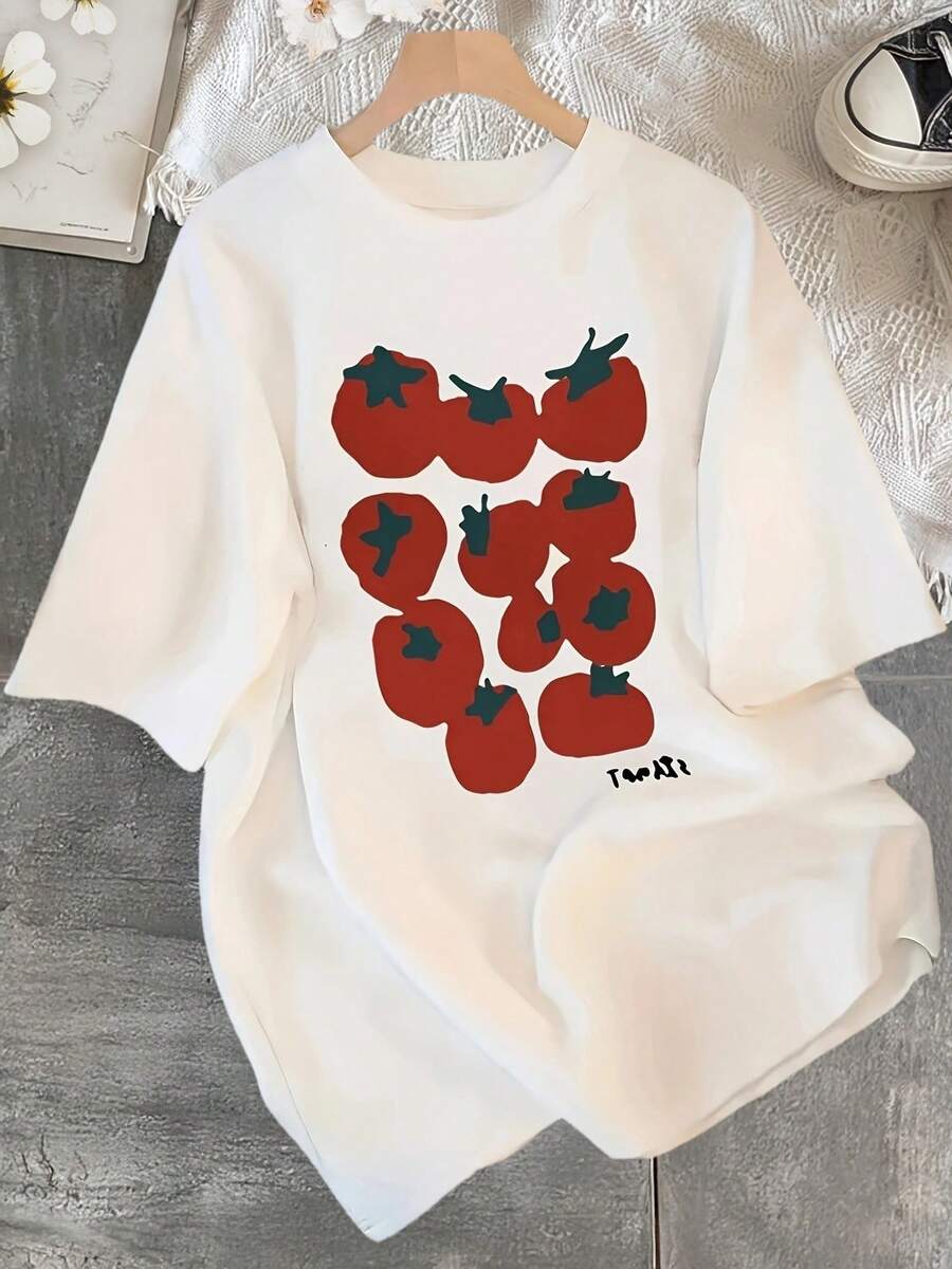 Camiseta de manga corta para hombre y mujer con estampado de tomate (Tomates) - Linda camiseta casual de cuello redondo, 100% poliéster transpirable, camiseta unisex adecuada para atuendo casual y de exterior en primavera/verano, prenda esencial para atuendo de campo de tomates, lavable a máquina - Blanco - Ver 1