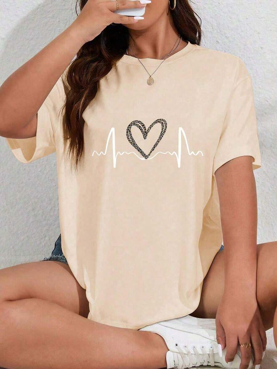 VintageCamiseta de manga corta para mujer con estampado Summer Love Monogrammed Casual Talla GrandeGraphic Tee - Albaricoque - Ver 1