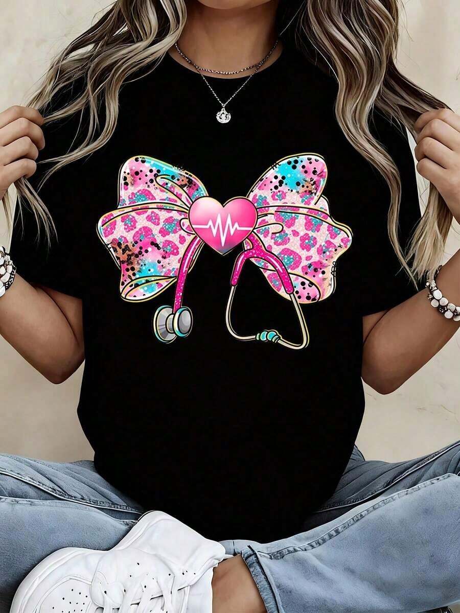 1 Piece Of Women's Round Neck T-Shirt With Colorful Bow, Stethoscope And Heart Print, Short Sleeve, Casual Everyday Wear, 180g, 100% Cotton. - 黑色 - 查看 1