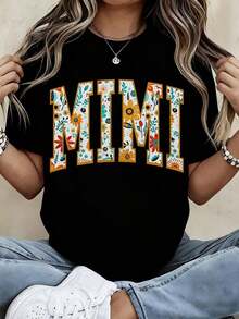 1 Piece Of Women's Round Neck T-Shirt With Floral Print Of The Letter Mimi, Short Sleeve, Casual Summer Style For Daily Wear, 180g, 100% Cotton. - 黑色 - 查看 12